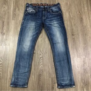 Rock Revival Ace Jeans Mens 36x31 Blue Slim Straight Distressed Denim